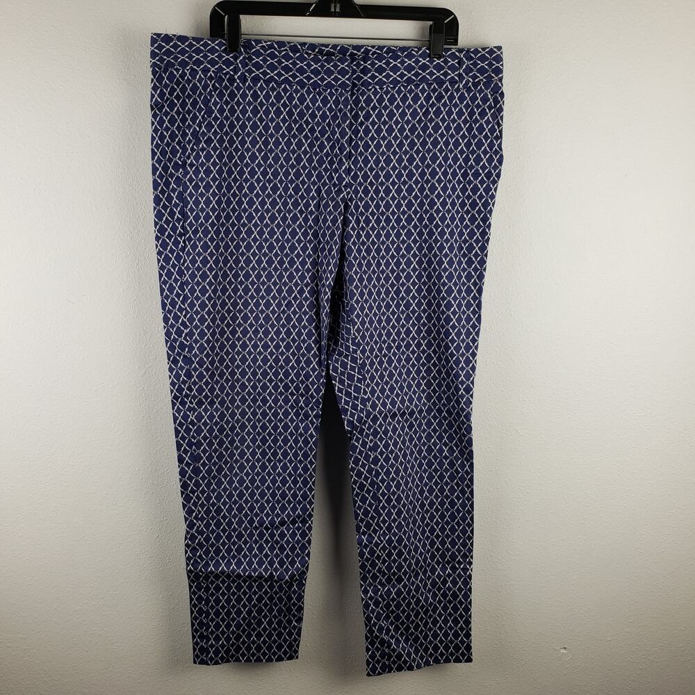 Joe Fresh Women's 16 Ikat Print Casual Trousers Blue White Cotton Stretch Preppy